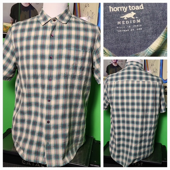 Horny Toad Open Air Plaid Short Sleeve Shirt Men’s Medium Green Casual - Picture 1 of 15